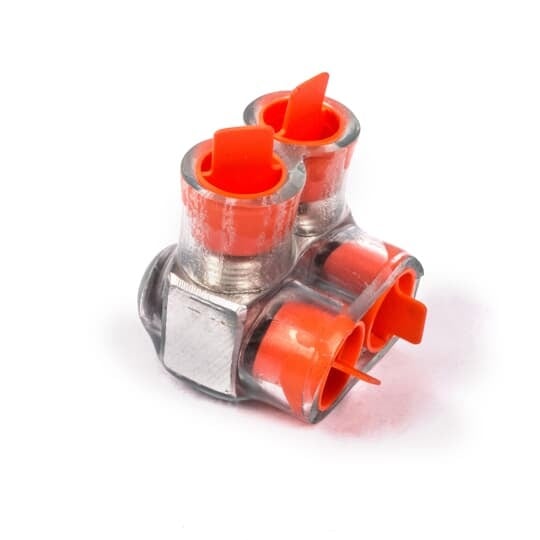 Aluminum Multi-Tap Encapsulated Cable Blocks, Two-Way Configuration, Wire Range 250 kcmil-6 Str, Hex Size 5/16 Inch, Length 2.12 Inches, Width 2.64 Inches, Height 2.13 Inches, Outlets 2, Clear Insulation