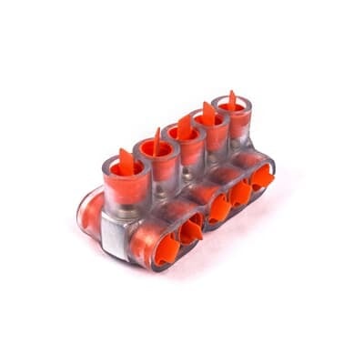 Aluminum Multi-Tap Encapsulated Cable Blocks, Two-Way Configuration, Wire Range 250 kcmil-6 Str, Hex Size 5/16 Inch, Length 5.03 Inches, Width 2.64 Inches, Height 2.13 Inches, Outlets 5, Clear Insulation
