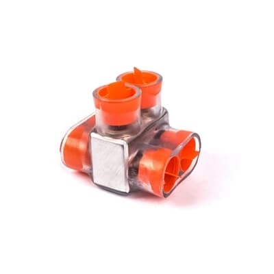 Aluminum Multi-Tap Encapsulated Cable Blocks - One-Way Configuration, Wire Range 350 kcmil-10 Str, Screw Size 5/16 Hex, Length 2.22 Inches, Width 2.37 Inches, Height 2.50 Inches, Outlets 2, Clear Insulation