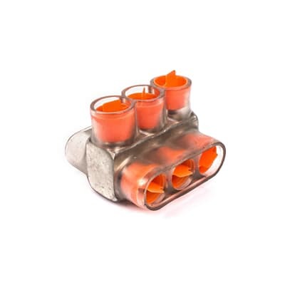 Aluminum Multi-Tap Encapsulated Cable Blocks, Two-Way Configuration, Wire Range 350 kcmil-10 Str, Hex Size 3/8 Inch, Length 3.24 Inches, Width 3.0 Inches, Height 2.50 Inches, Outlets 3, Clear Insulation