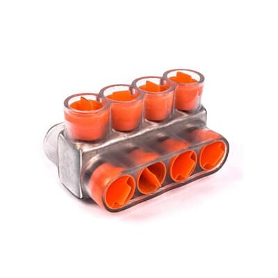 Aluminum Multi-Tap Encapsulated Cable Blocks, Two-Way Configuration, Wire Range 350 kcmil-10 Str, Hex Size 3/8 Inch, Length 4.26 Inches, Width 3.0 Inches, Height 2.50 Inches, Outlets 4, Clear Insulation