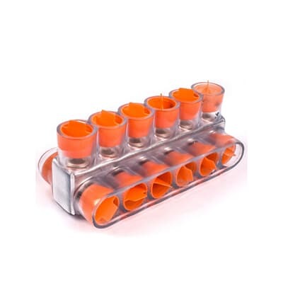 Aluminum Multi-Tap Encapsulated Cable Blocks, Two-Way Configuration, Wire Range 350 kcmil-10 Str, Hex Size 3/8 Inch, Length 6.30 Inches, Width 3.0 Inches, Height 2.50 Inches, Outlets 6, Clear Insulation