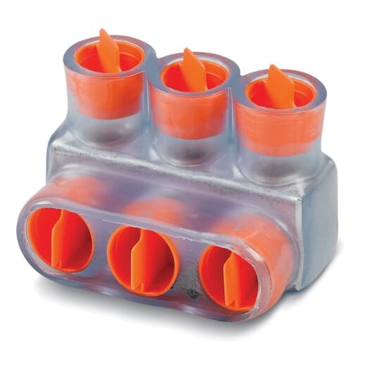 Aluminum Multi-Tap Encapsulated Cable Blocks, One-Way Configuration, Wire Range 4-14 Str, Slotted Screw, Length 1.63 Inches, Width 1.25 Inches, Height 1.25 Inches, Outlets 3, Clear Insulation