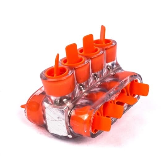 Aluminum Multi-Tap Encapsulated Cable Blocks, Two-Way Configuration, Wire Range 4-14 Str, Screw Size Slotted, Length 2.12 Inches, Width 1.50 Inches, Height 1.25 Inches, Outlets 4, Clear Insulation