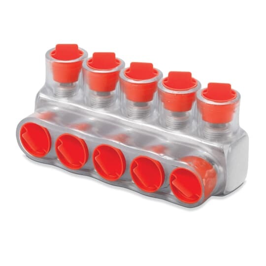 Aluminum Multi-Tap Encapsulated Cable Blocks, One-Way Configuration, Wire Range 4-14 Str, Slotted Screw, Length 2.61 Inches, Width 1.25 Inches, Height 1.25 Inches, Outlets 5, Clear Insulation
