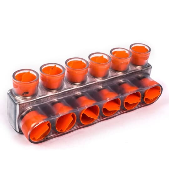 Aluminum Multi-Tap Encapsulated Cable Blocks, One-Way Configuration, Wire Range 500 kcmil-6 Str, Hex Size 5/16 Inch, Length 7.81 Inches, Width 2.38 Inches, Height 2.75 Inches, Outlets 6, Clear Insulation