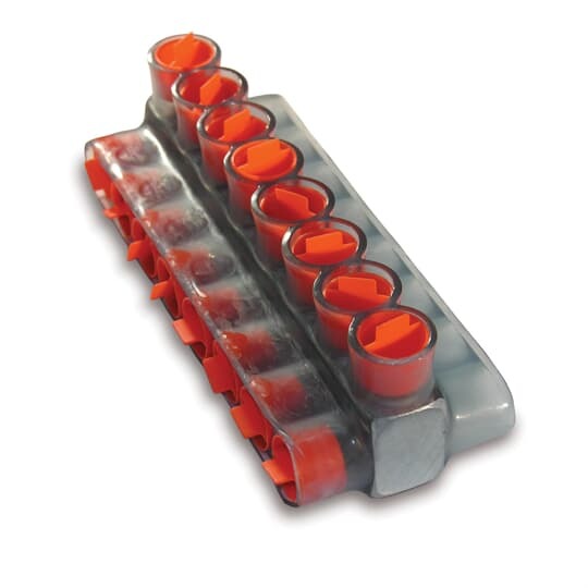 Aluminum Multi-Tap Encapsulated Cable Blocks, Two-Way Configuration, Wire Range 500 kcmil-4 Str, Hex Size 3/8 Inch, Length 10.35 Inches, Width 3.0 Inches, Height 2.75 Inches, Outlets 8, Clear Insulation