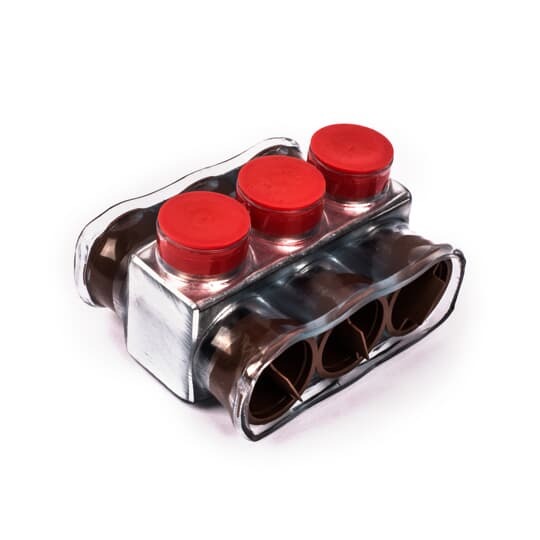 Aluminum Multi-Tap Encapsulated Cable Blocks, Two-Way Configuration, Wire Range 750-1/0, Hex Size 3/8 Inch, Length 4.40 Inches, Width 3.13 Inches, Height 2.38 Inches, Outlets 3, Clear Insulation
