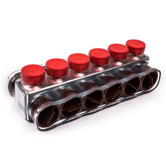 Aluminum Multi-Tap Encapsulated Cable Blocks, Two-Way Configuration, Wire Range 750-1/0, Hex Size 3/8 Inch, Length 8.62 Inches, Width 3.13 Inches, Height 2.38 Inches, Outlets 6, Clear Insulation