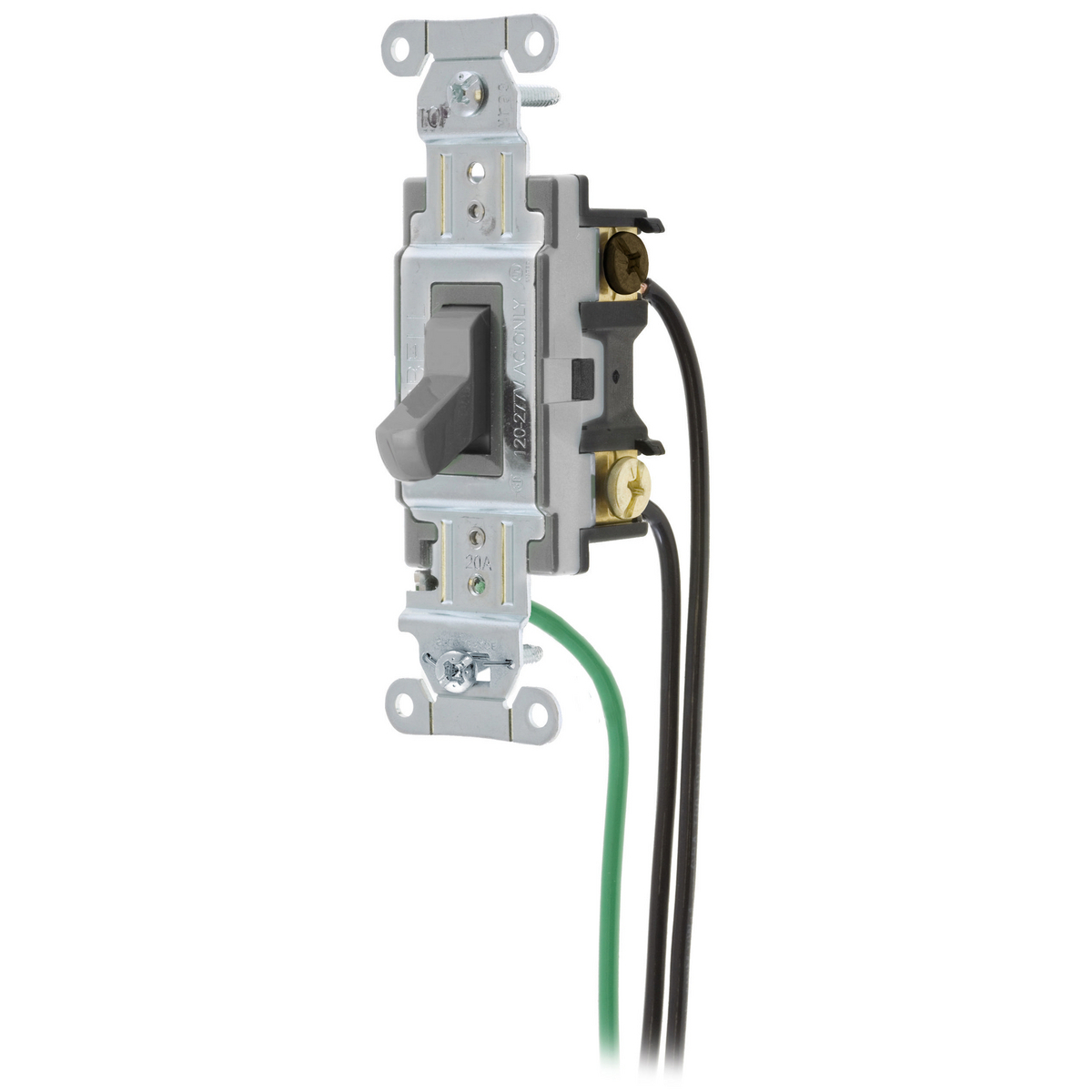 Switches and Lighting Controls, Spec Grade, Toggle Switches, General Purpose AC, Three Way, 20A 120/277V AC, Back and Side Wired, Pre-Wired with 8" #12 THHN, Gray