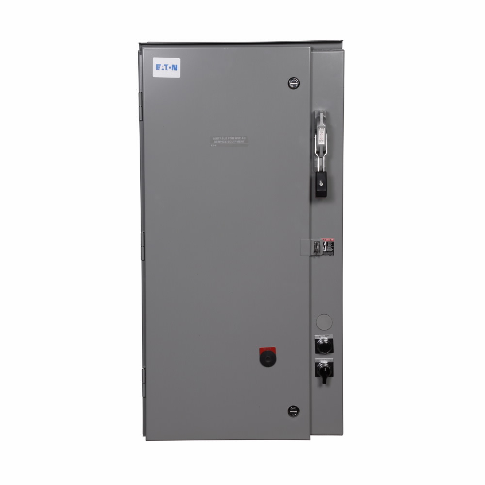 Eaton Freedom Industrial Pump Panel, CB disconnect, Wired for 480V, NEMA 3R painted steel enclosure, NEMA size 3, 220/440V-240/480V primary, 110V/50 Hz-120V/60 Hz secondary, 20-100A solid-state relay without ground fault, 100A breaker