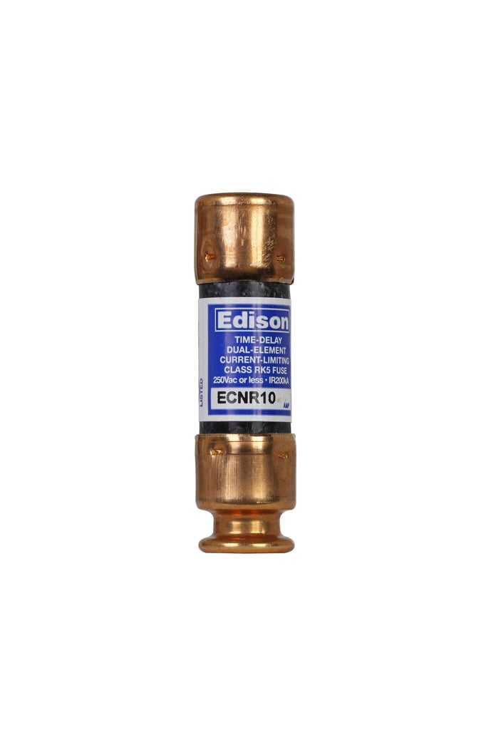 Eaton Edison ECNR fuse, Time-delay current-limiting fuse, Superior overload and cycling capabilities, 10 A, Dual, Class RK5, Non-indicating, Ferrule end x ferrule end, 8 sec at 500%, 200 kAIC, Standard, 250 V, 125 Vdc