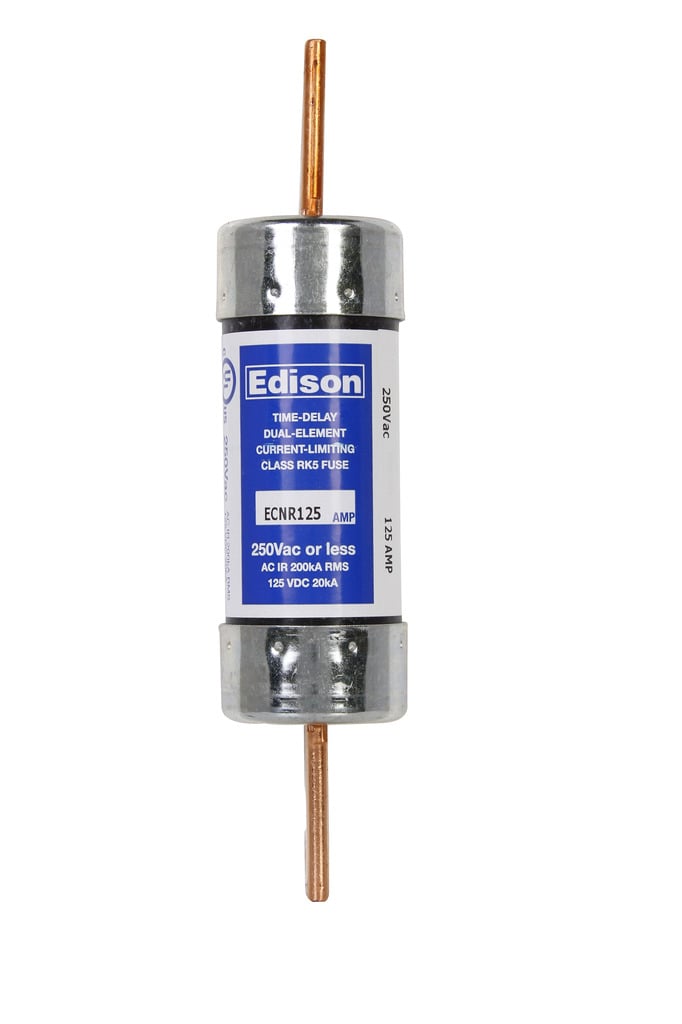 Eaton Edison ECNR fuse, Time-delay current-limiting fuse, Superior overload and cycling capabilities, 125 A, Dual, Class RK5, Non-indicating, Blade end x blade end, 10 sec at 500%, 200 kAIC, Standard, 250 V, 125 Vdc