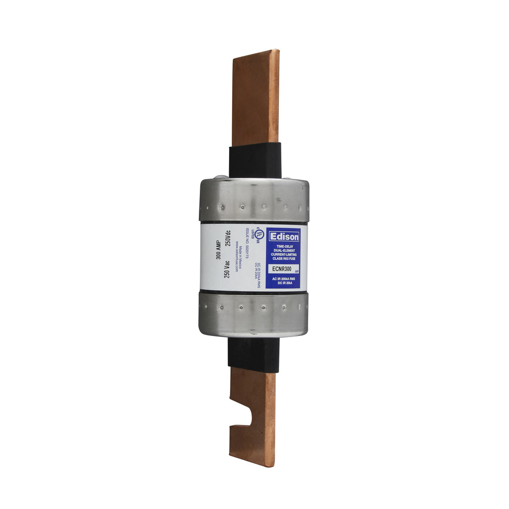 Eaton Edison ECNR fuse, Time-delay current-limiting fuse, Superior overload and cycling capabilities, 300 A, Dual, Class RK5, Non-indicating, Blade end x blade end, 10 sec at 500%, 200 kAIC, Standard, 250 V, 125 Vdc