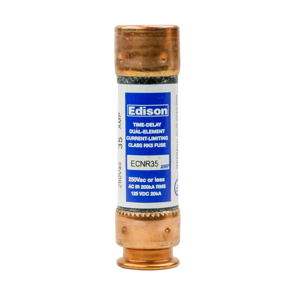 Eaton Edison ECNR fuse, Time-delay current-limiting fuse, Superior overload and cycling capabilities, 35 A, Dual, Class RK5, Non-indicating, Ferrule end x ferrule end, 10 sec at 500%, 200 kAIC, Standard, 250 V, 125 Vdc