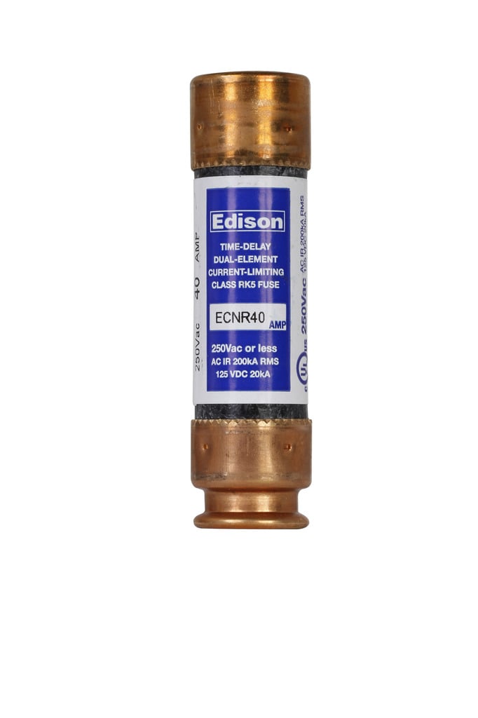 Eaton Edison ECNR fuse, Time-delay current-limiting fuse, Superior overload and cycling capabilities, 40 A, Dual, Class RK5, Non-indicating, Ferrule end x ferrule end, 10 sec at 500%, 200 kAIC, Standard, 250 V, 125 Vdc