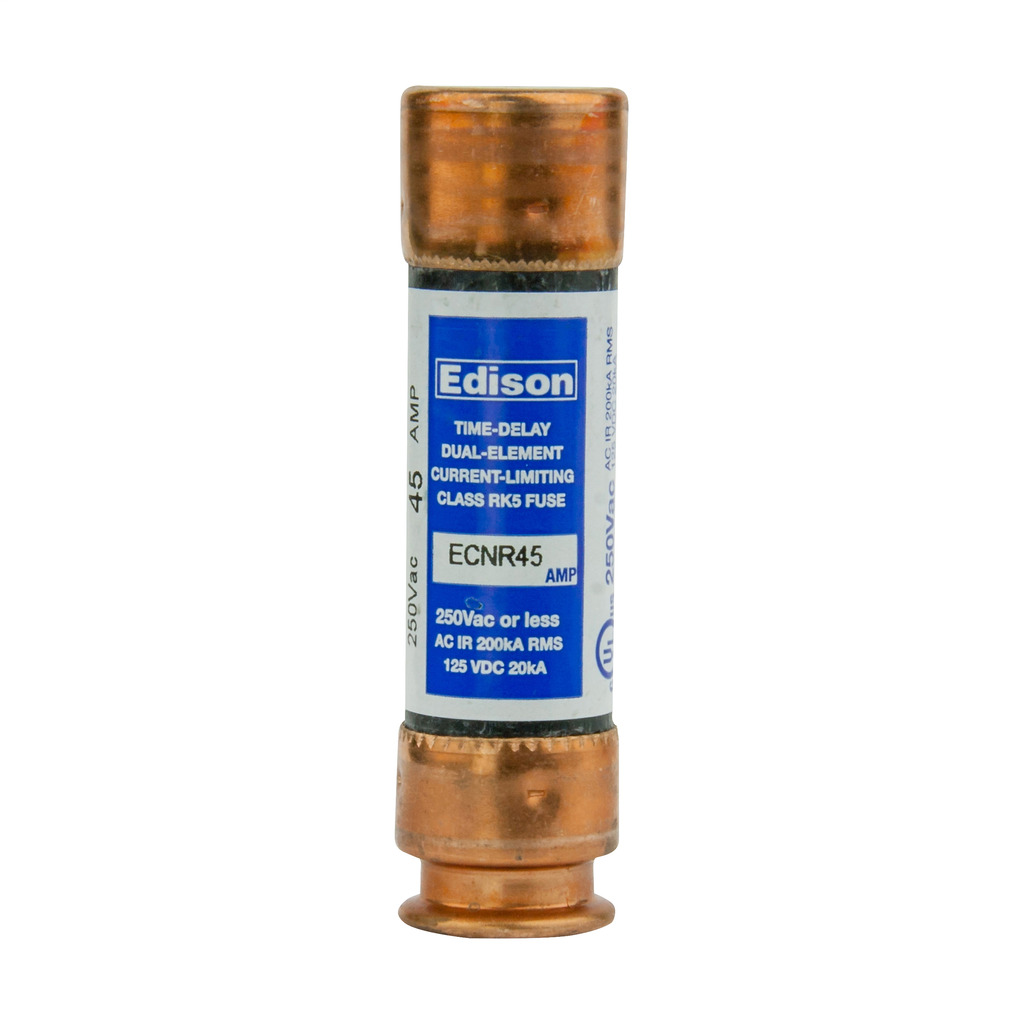 Eaton Edison ECNR fuse, Time-delay current-limiting fuse, Superior overload and cycling capabilities, 45 A, Dual, Class RK5, Non-indicating, Ferrule end x ferrule end, 10 sec at 500%, 200 kAIC, Standard, 250 V, 125 Vdc