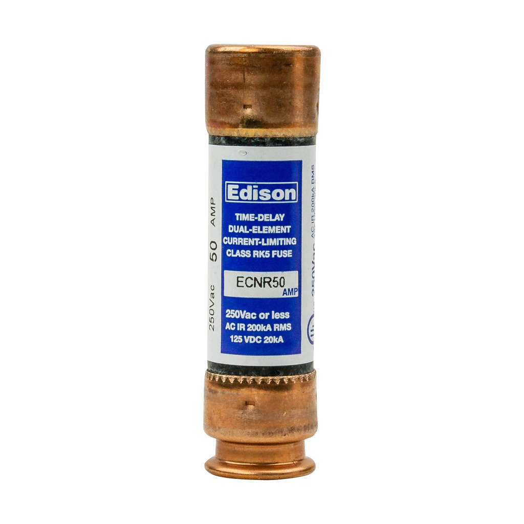 Eaton Edison ECNR fuse, Time-delay current-limiting fuse, Superior overload and cycling capabilities, 50 A, Dual, Class RK5, Non-indicating, Ferrule end x ferrule end, 10 sec at 500%, 200 kAIC, Standard, 250 V, 125 Vdc
