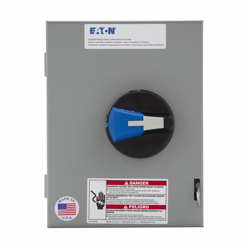 Eaton enclosed rotary disconnect switch, 80A, NEMA 12/3R, Painted galvanized steel, Max HP:15, 20, 40, 40 hp (@208,240,480,600 V), Three-pole, Product category: enclosed rotary non-fusible, R-Series, 600 V