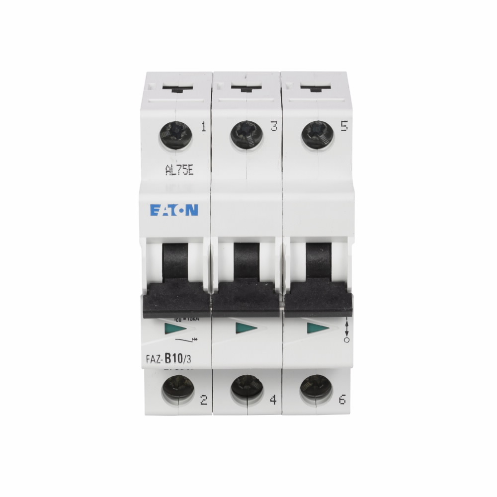Eaton FAZ supplementary protector,UL 1077 Industrial miniature circuit breaker - supplementary protector,High levels of inrush current are expected,10 A,15 kAIC,Three-pole,10-20X /n,50-60 Hz,Standard terminals,D Curve