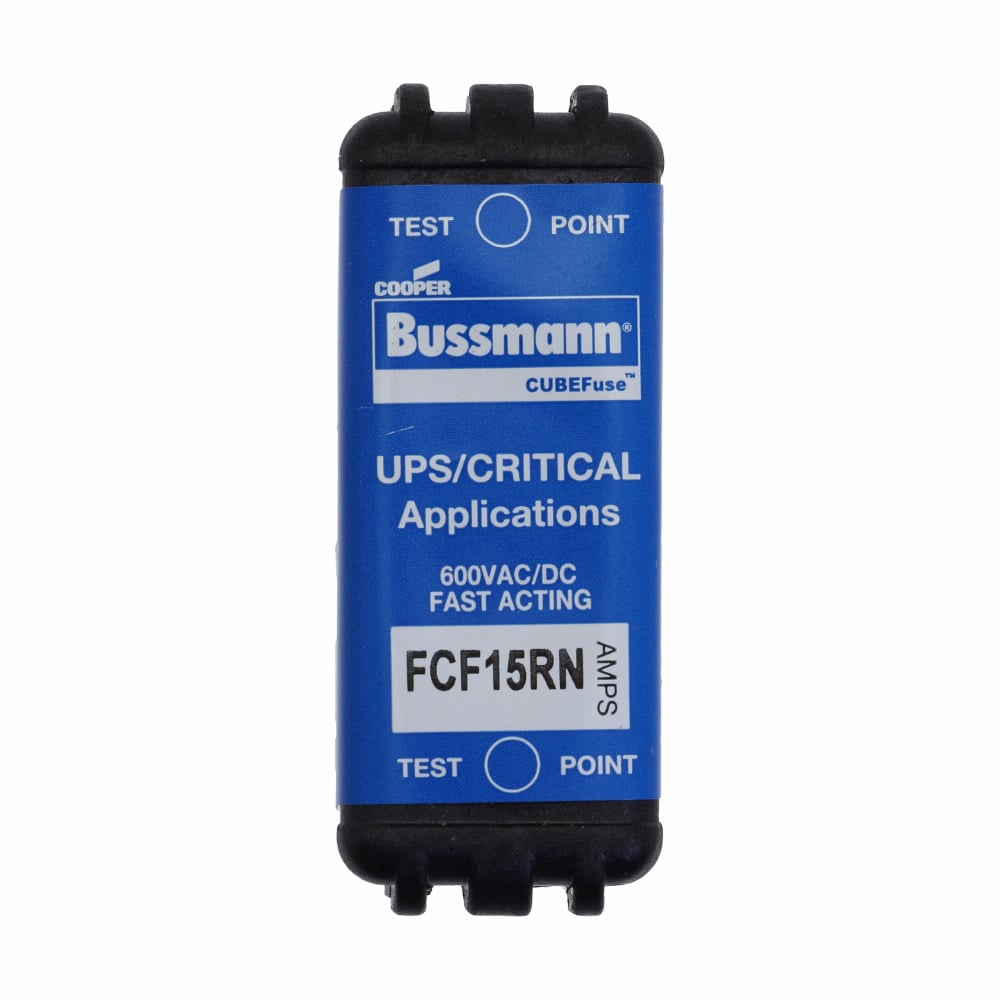 Eaton Bussmann series FCF fuse CUBEFuse, power loss 3.48 w, Critical/UPS, 15 A, 60 Hz, 50 Hz, 1 , CF, Black, Electroless tin plated copper alloy terminal, Blade end, 4 min at 200%, 50 kAIC at 600 Vdc,300 kAIC at 600 V, Glass filled PES