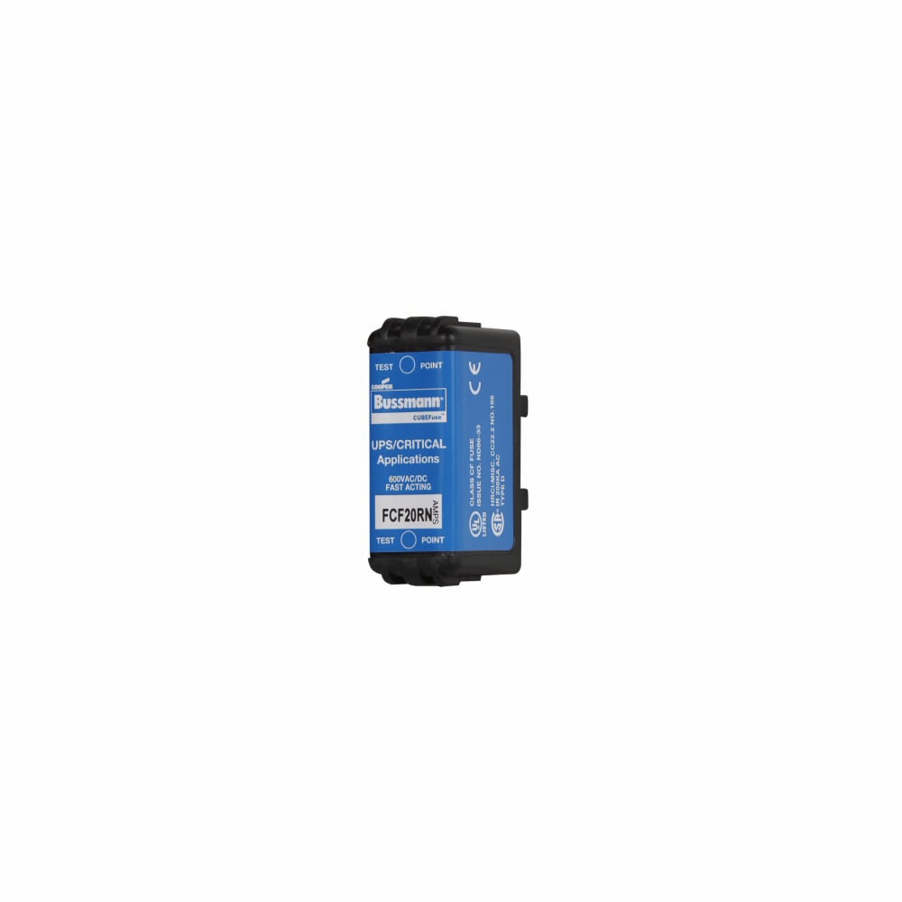 Eaton Bussmann series FCF fuse, 20 A, 60 Hz, 50 Hz, 1 , CF, Black, Non-indicating, Electroless tin plated copper alloy terminal, Blade end,Class CF, 4 min at 200%, 300 kAIC at 600 V,50 kAIC at 600 Vdc, Glass filled PES, 600 V, 600 Vdc