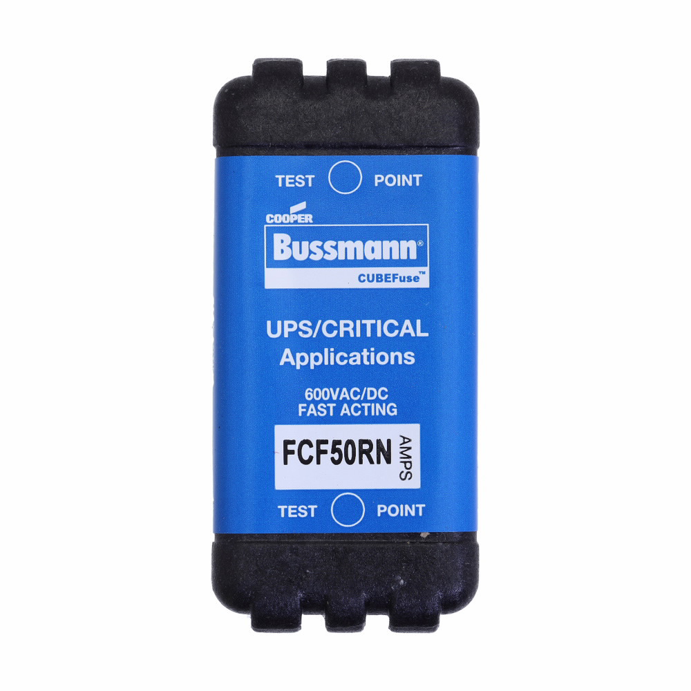 Eaton Bussmann series FCF fuse, 50 A, 60 Hz, 50 Hz, 1 , CF, Black, Non-indicating, Electroless tin plated copper alloy terminal, Blade end, 6 min at 200%, 300 kAIC at 600 V,50 kAIC at 600 Vdc, Glass filled PES, 600 V, 600 Vdc
