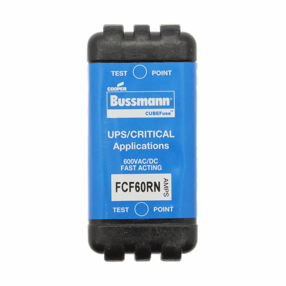 Eaton Bussmann series FCF fuse CUBEFuse, Finger safe, power loss 7.27 w, Critical/UPS, 60 A, 60 Hz, 50 Hz, 1 , CF, Black, Blade end, 6 min at 200%, 50 kAIC at 600 Vdc,300 kAIC at 600 V, Glass filled PES