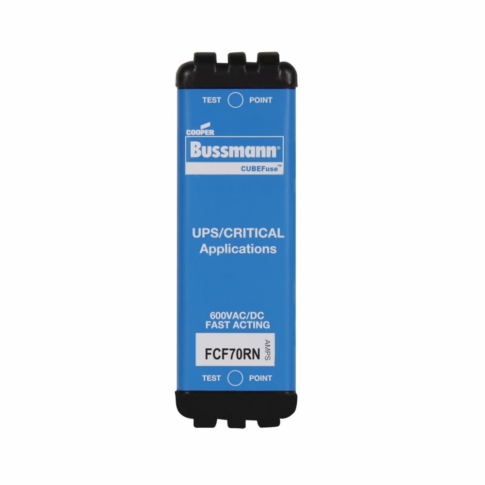 Eaton Bussmann series FCF fuse, 70 A, 60 Hz, 50 Hz, 1 , CF, Black, Non-indicating, Electroless tin plated copper alloy terminal, Blade end,Class CF, 8 min at 200%, 200 kAIC at 600 V,50 kAIC at 600 Vdc, Glass filled PES, 600 V, 600 Vdc