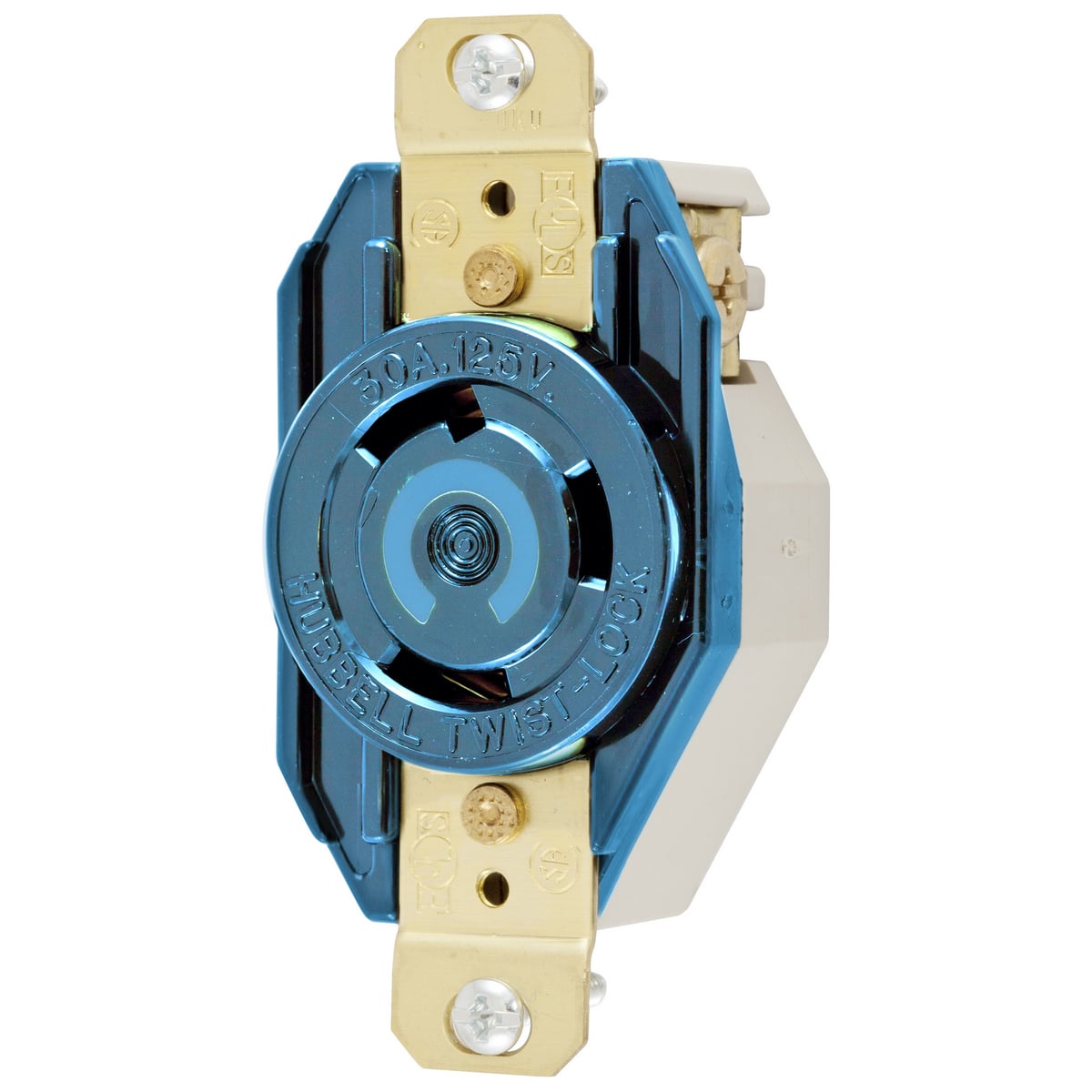 Locking Devices, Twist-Lock, Single Flush Receptacle, 30A, 250V AC, 2 Pole, 3 Wire Grounding, NEMA L6-30R, Nylon face, back and side wire, Blue