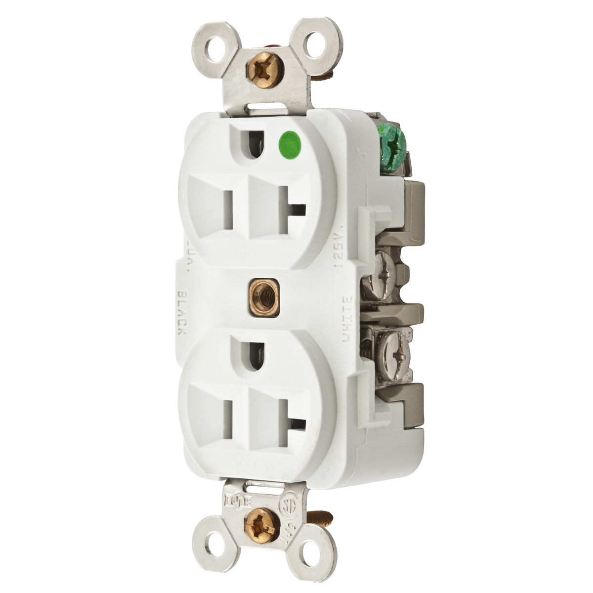 Straight Blade Devices, Receptacles, Duplex, Hospital Grade, MRI Series, 20A 125V, 2-Pole 3-Wire Grounding, 5-20R, White.