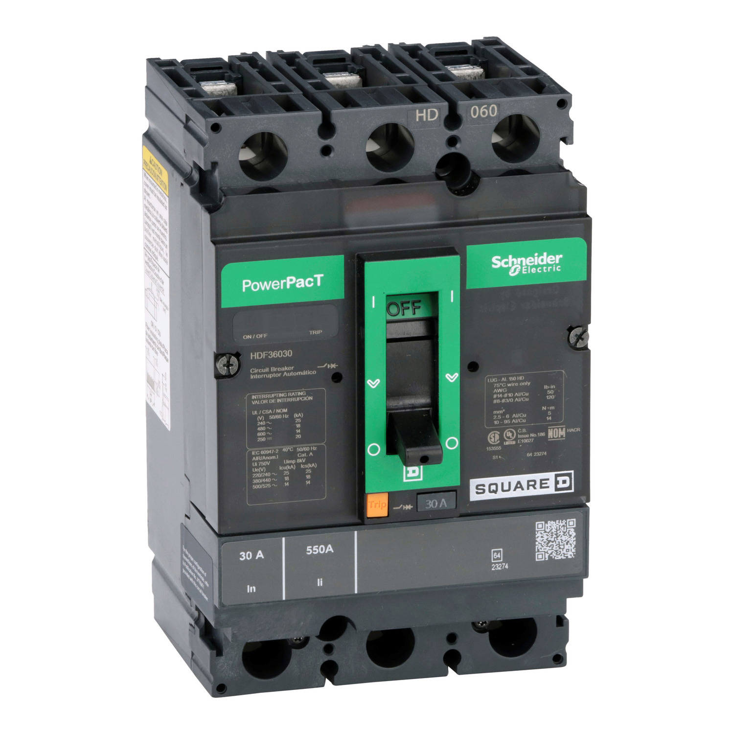 Circuit breaker, PowerPacT H, 30A, 3 pole, 600VAC, 14kA, busbar, thermal magnetic, 80%