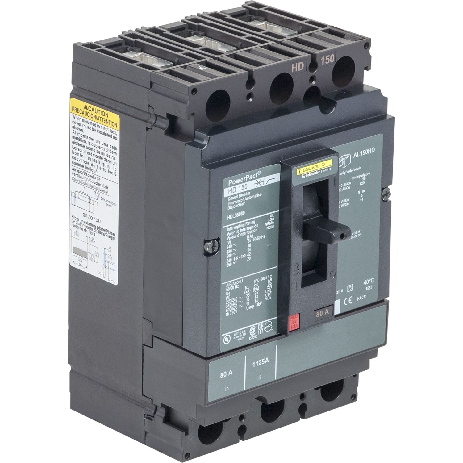 Circuit breaker, PowerPacT H, 80A, 3 pole, 600VAC, 14kA, lugs, thermal magnetic, 100%