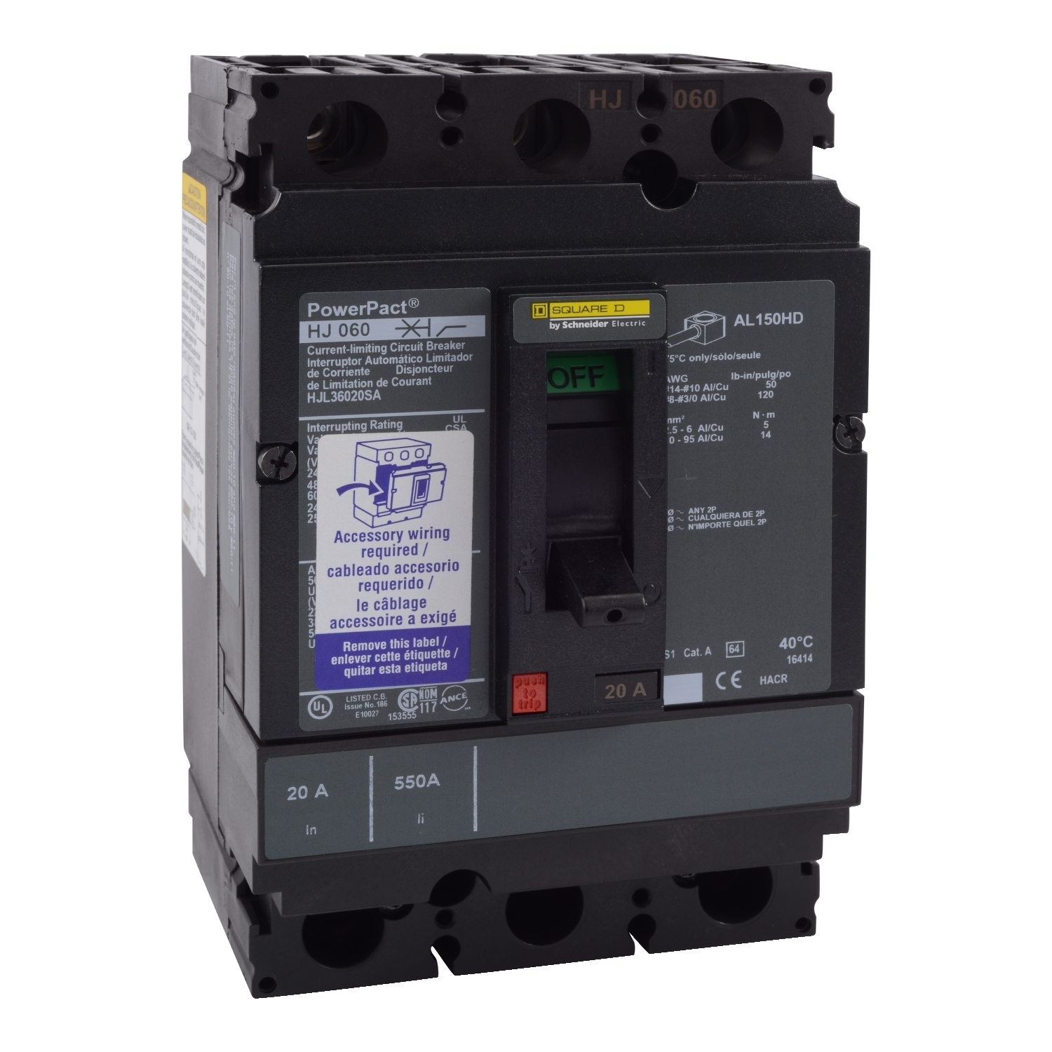 Circuit breaker, PowerPacT H, 45A, 3 pole, 600VAC, 25kA, lugs, thermal magnetic, 100%