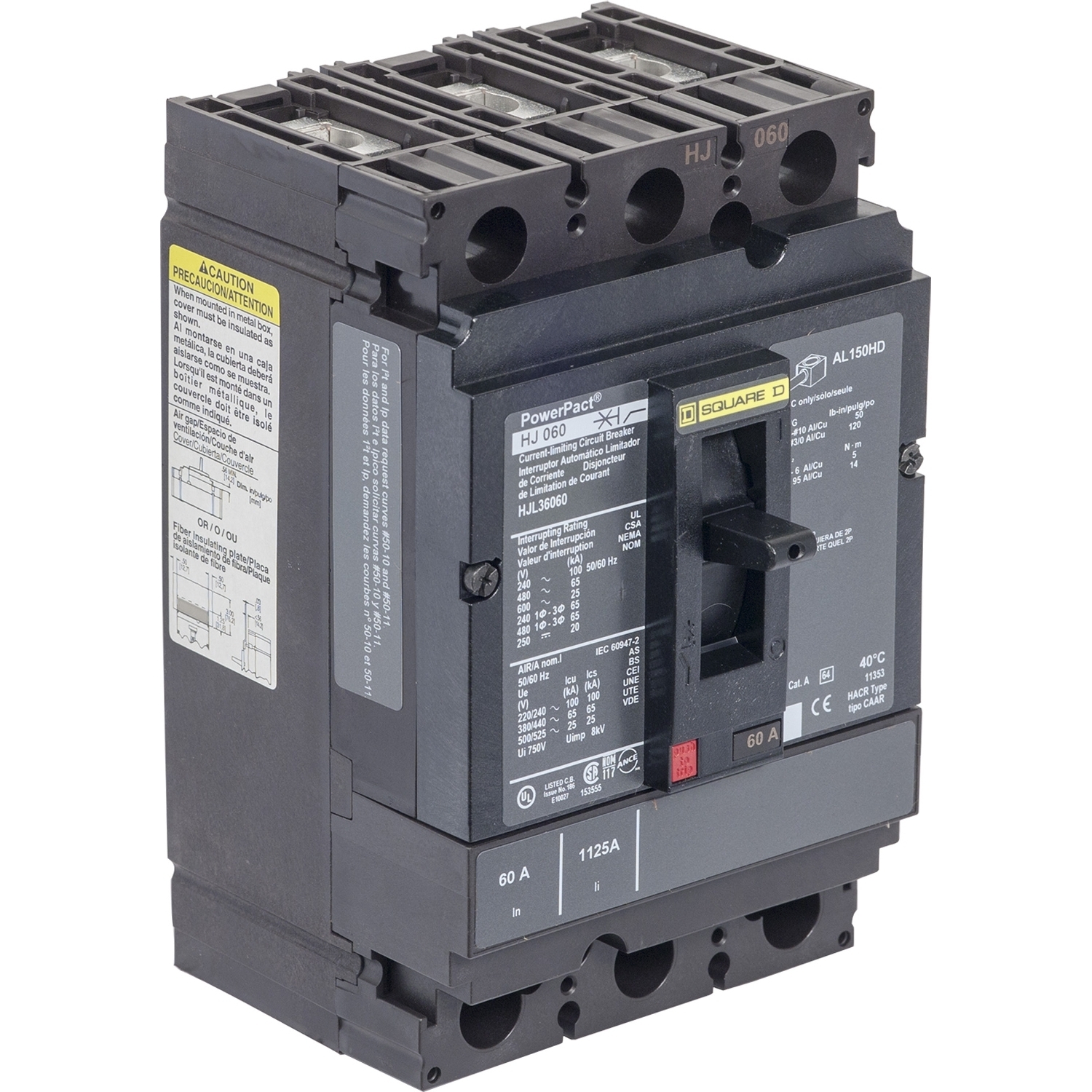 Circuit breaker, PowerPacT H, 50A, 3 pole, 600VAC, 25kA, lugs, thermal magnetic, 100%