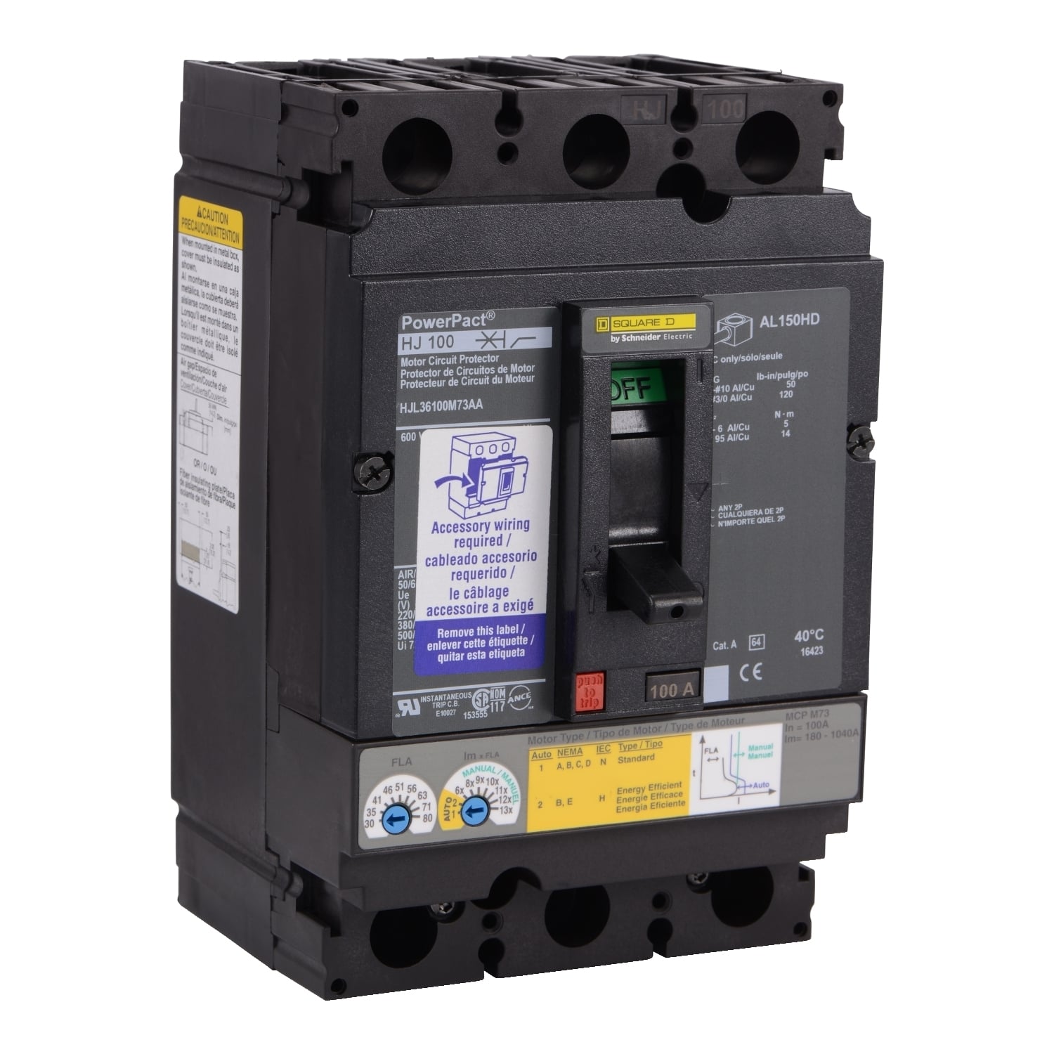 HJL36100M73AA Motor Circuit Breaker, 100 Amp, 3 Pole, 600V