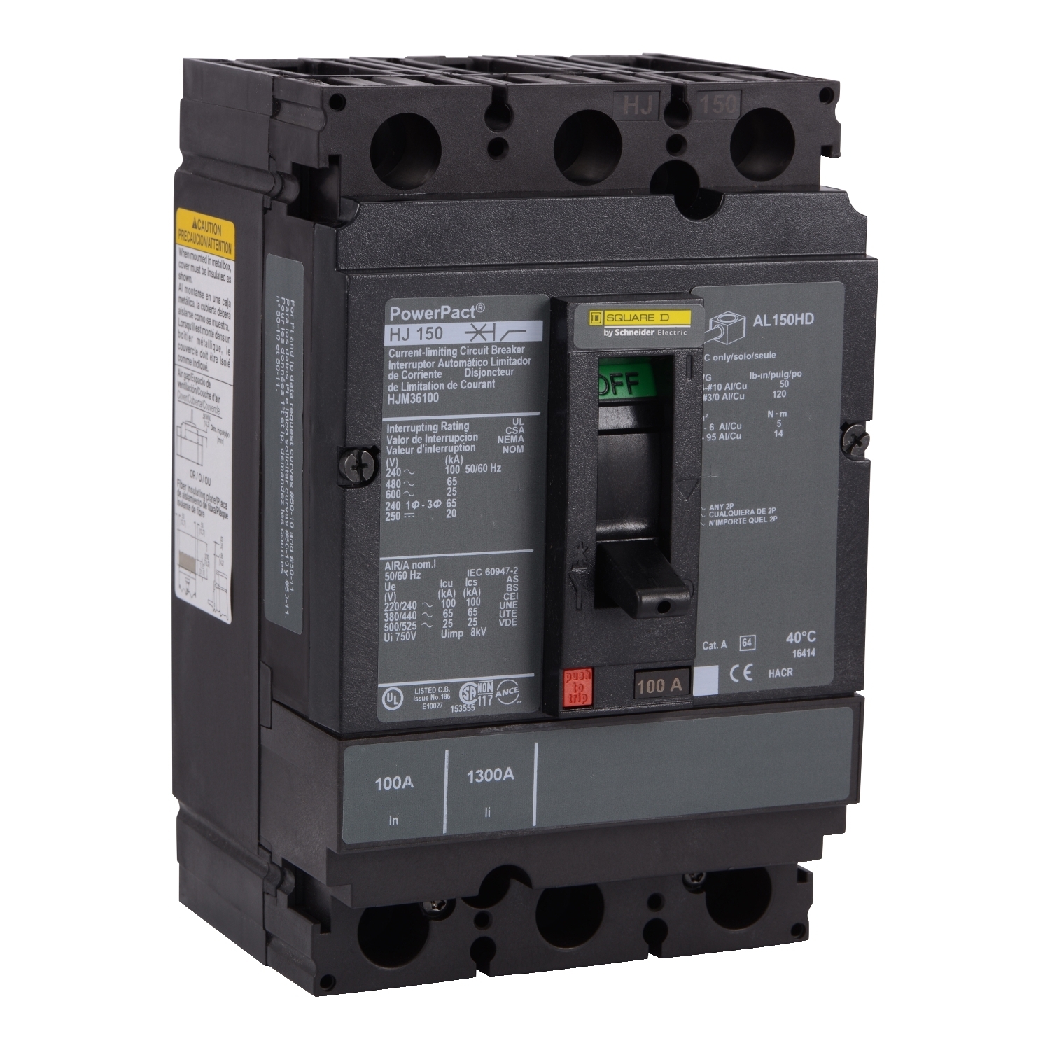 Circuit breaker, PowerPacT H, 100A, 3 pole, 600VAC, 25kA, lugs, thermal magnetic, 80%