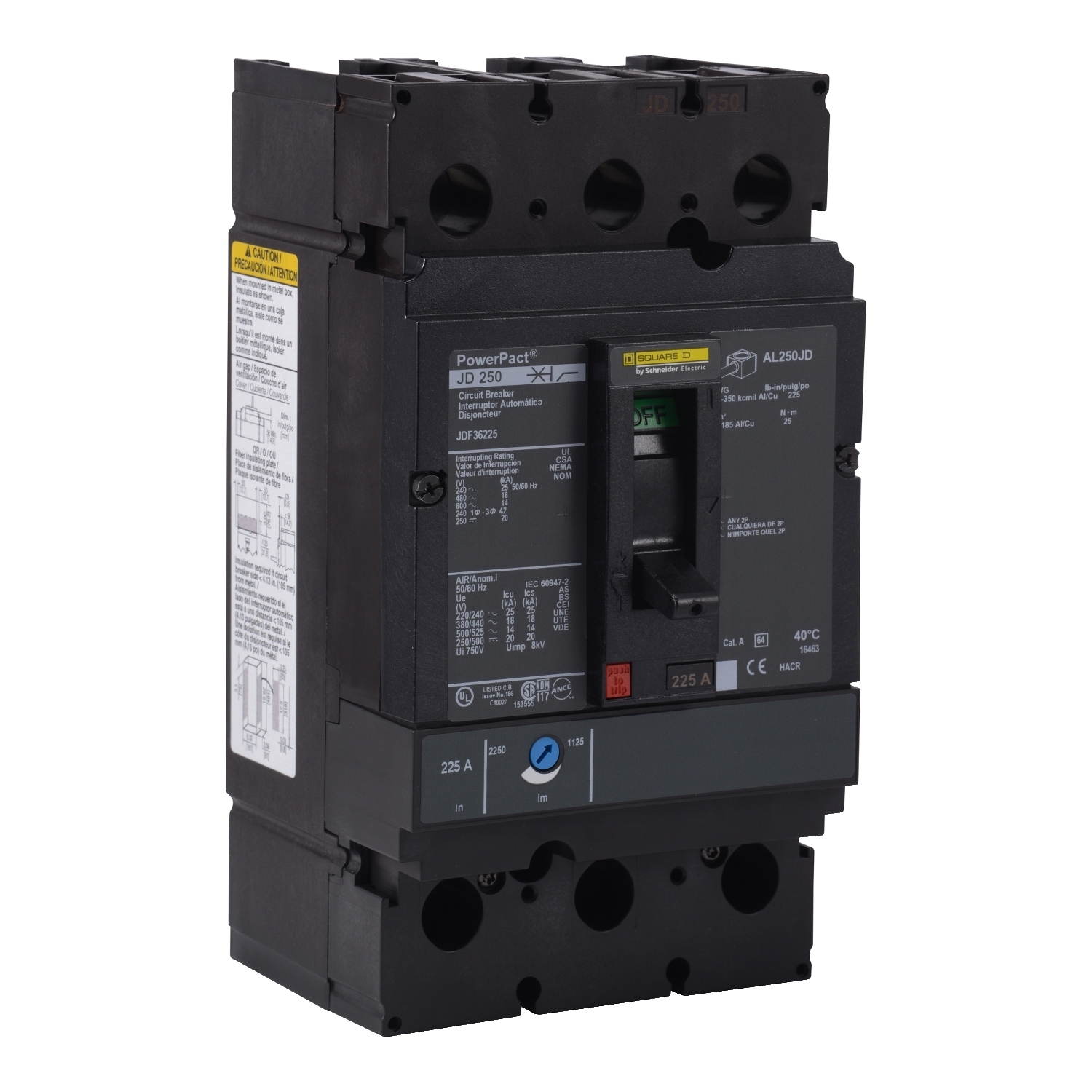 Circuit breaker, PowerPacT J, 175A, 3 pole, 600VAC, 14kA, busbar, thermal magnetic, 80%