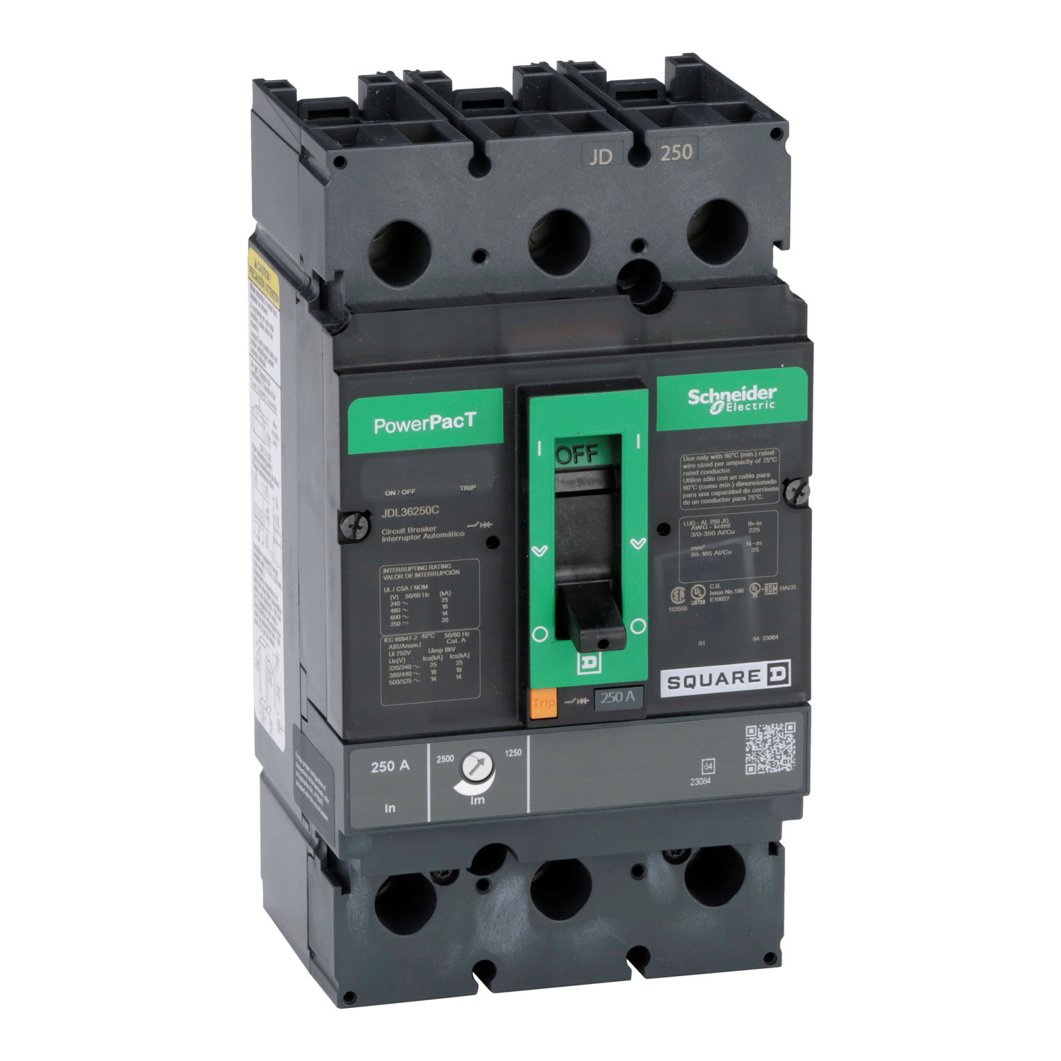 Circuit breaker, PowerPacT J, 250A, 3 pole, 600VAC, 14kA, lugs, thermal magnetic, 100%