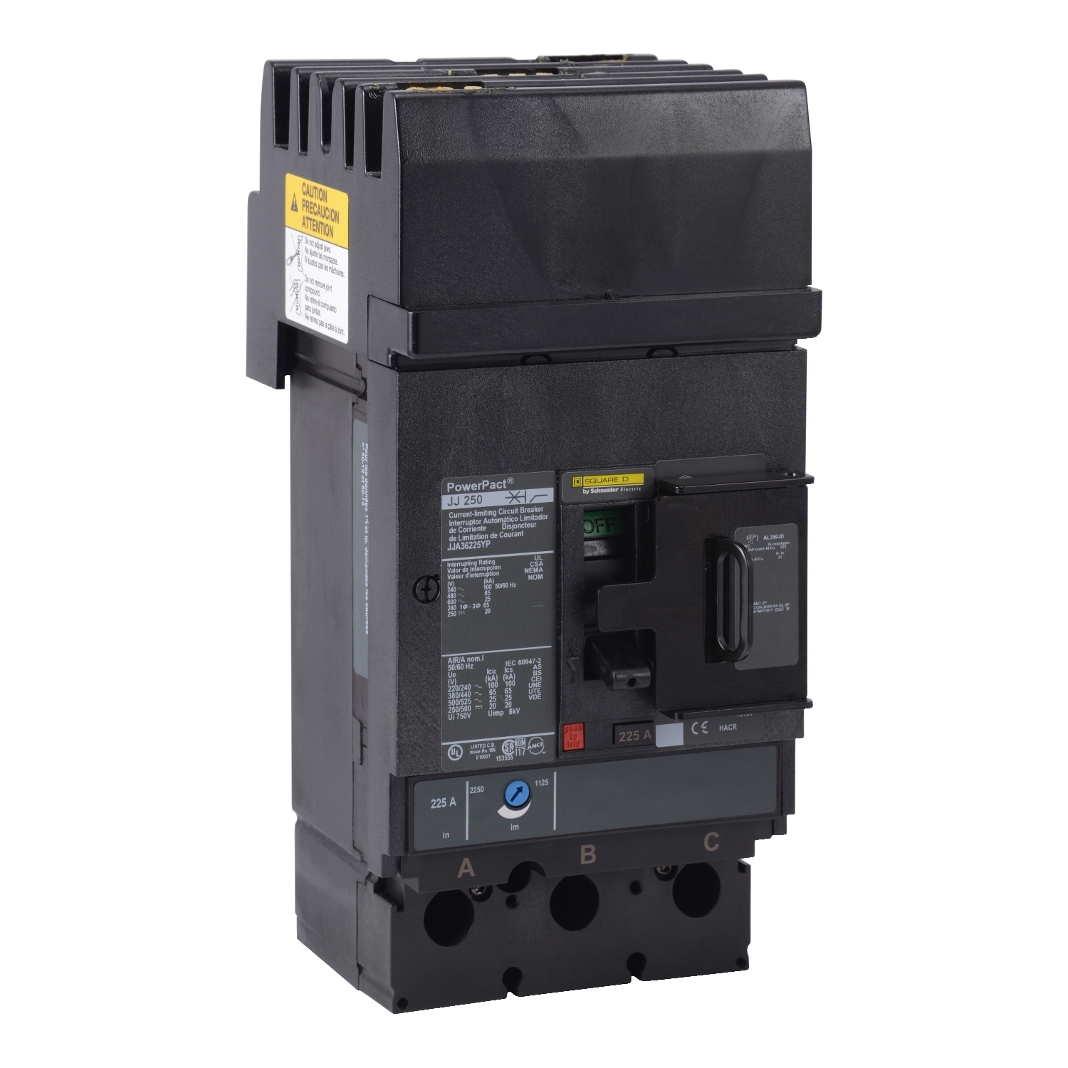 Circuit breaker, PowerPacT J, 225A, 3 pole, 600VAC, 25kA, I-Line, thermal magnetic, 80%, ABC, padlock