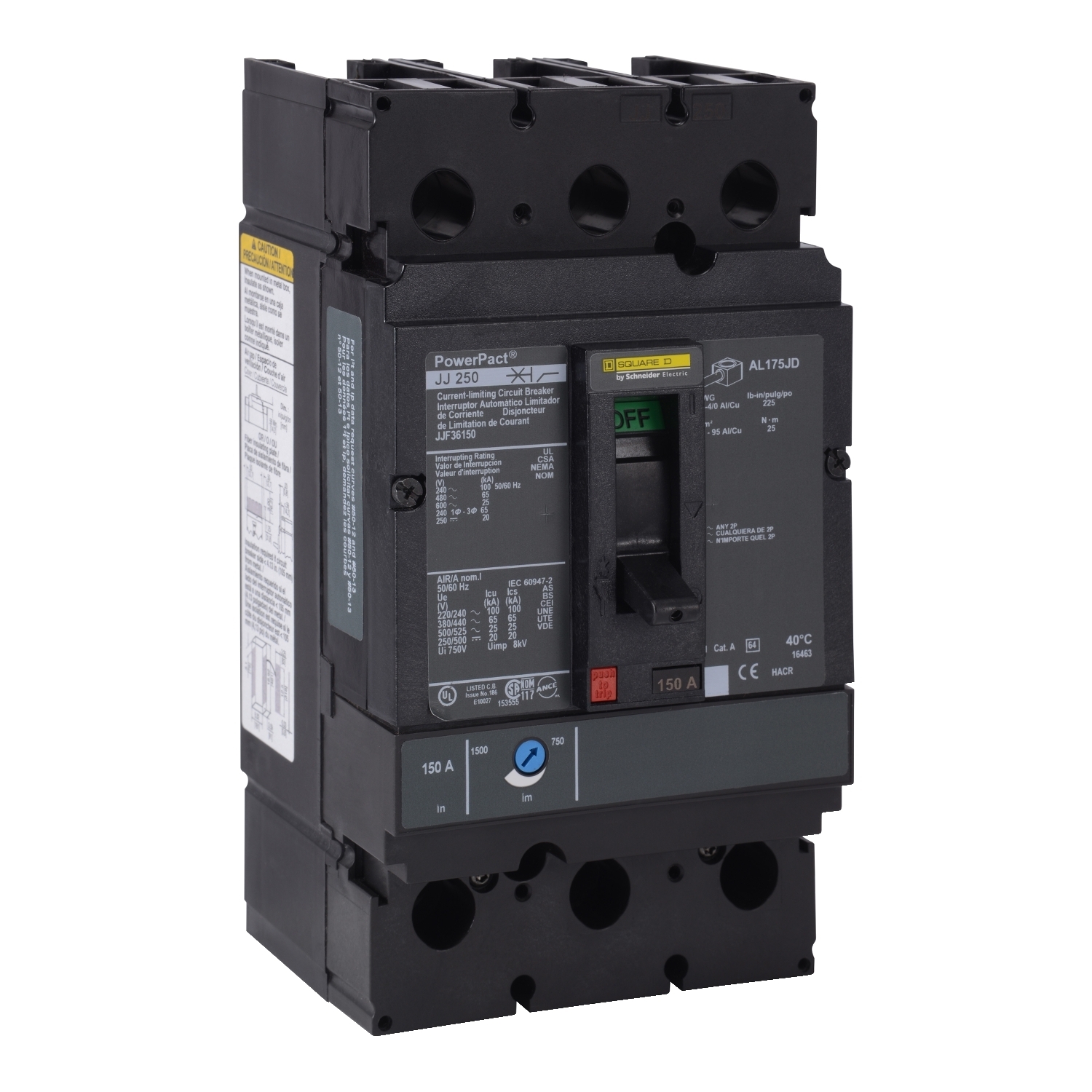 Circuit breaker, PowerPacT J, 200A, 3 pole, 600VAC, 25kA, lugs, thermal magnetic, 100%