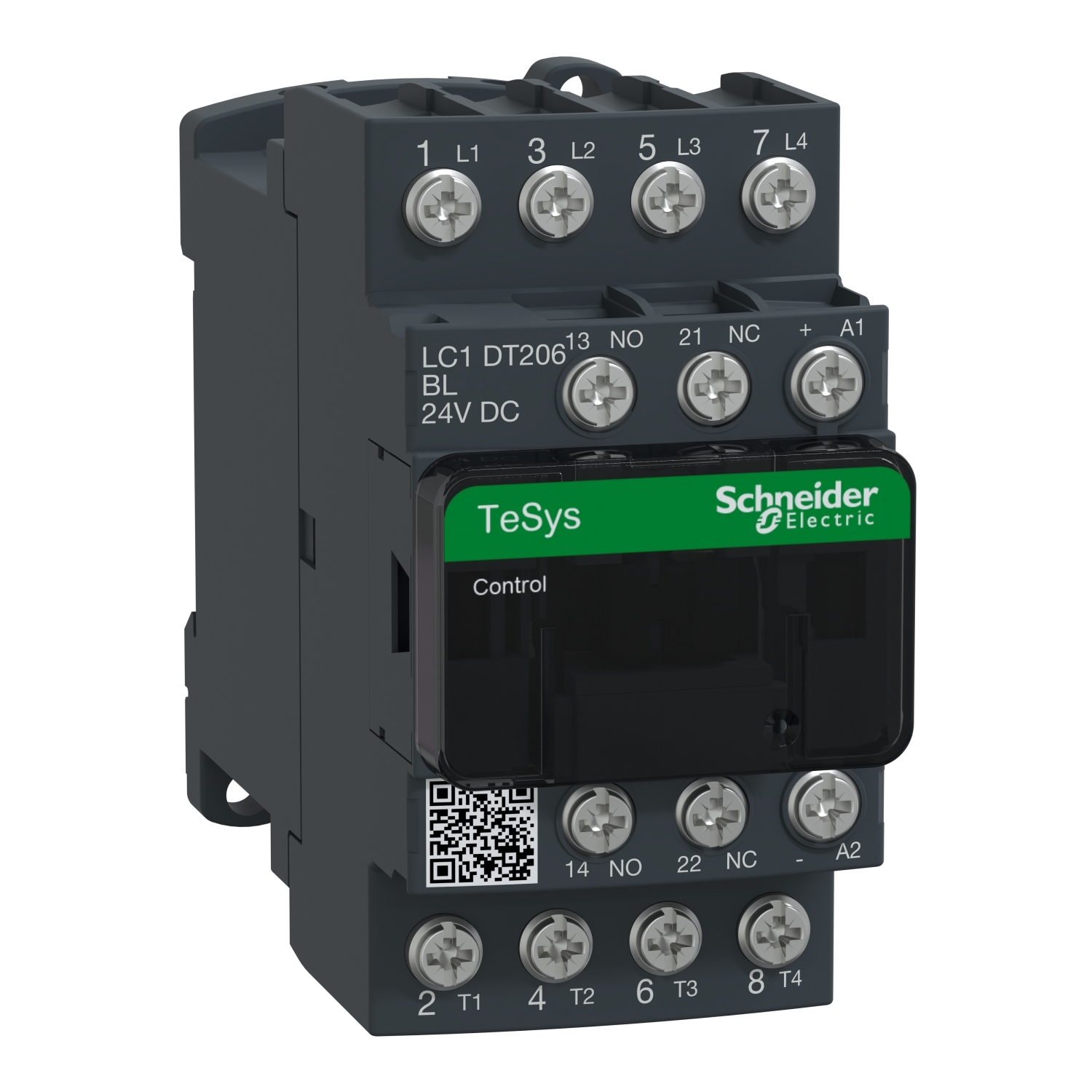 IEC contactor, TeSys Deca, nonreversing, 20A resistive, 4 pole, 4 NO, low consumption 24VDC coil, open style