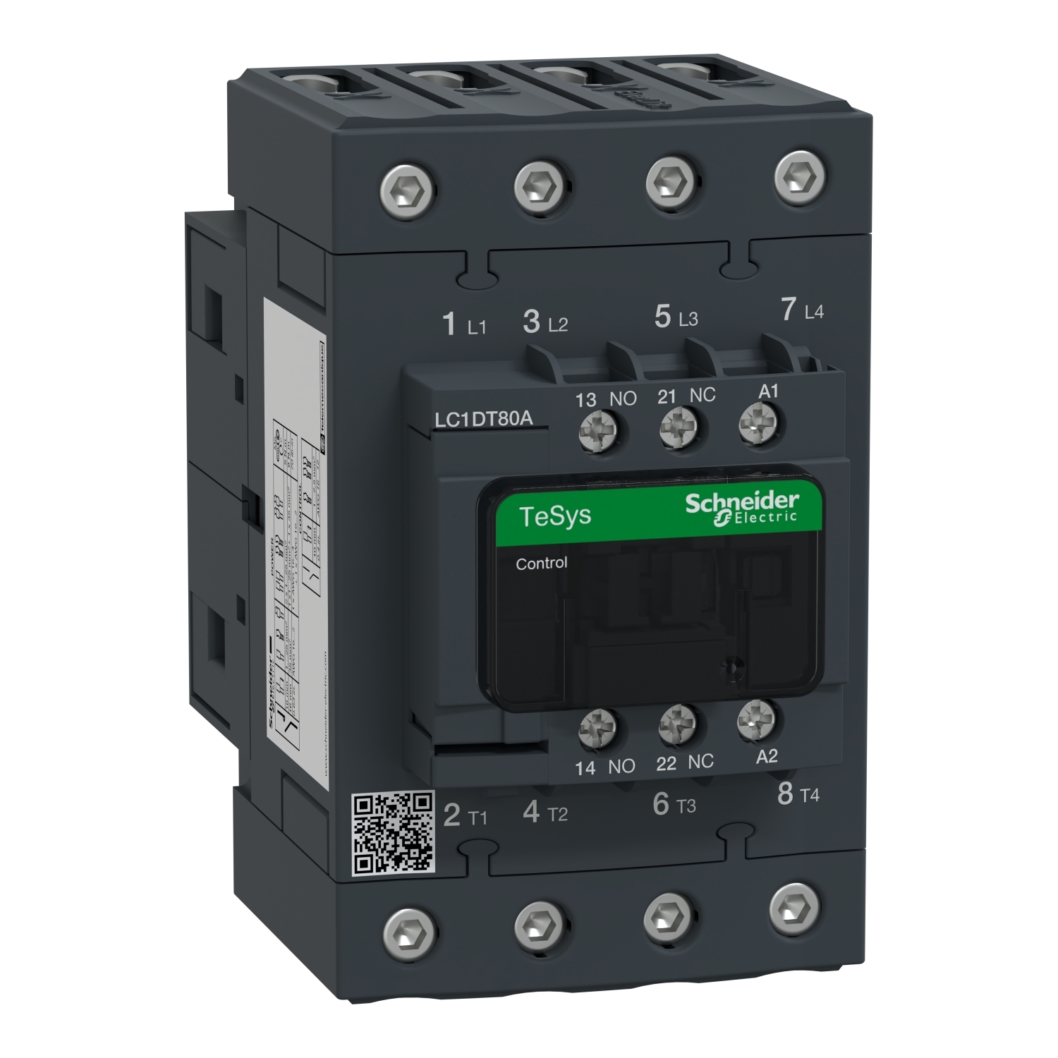 IEC contactor, TeSys Deca, nonreversing, 80A resistive, 4 pole, 4 NO, 110VAC 50/60Hz coil, open style