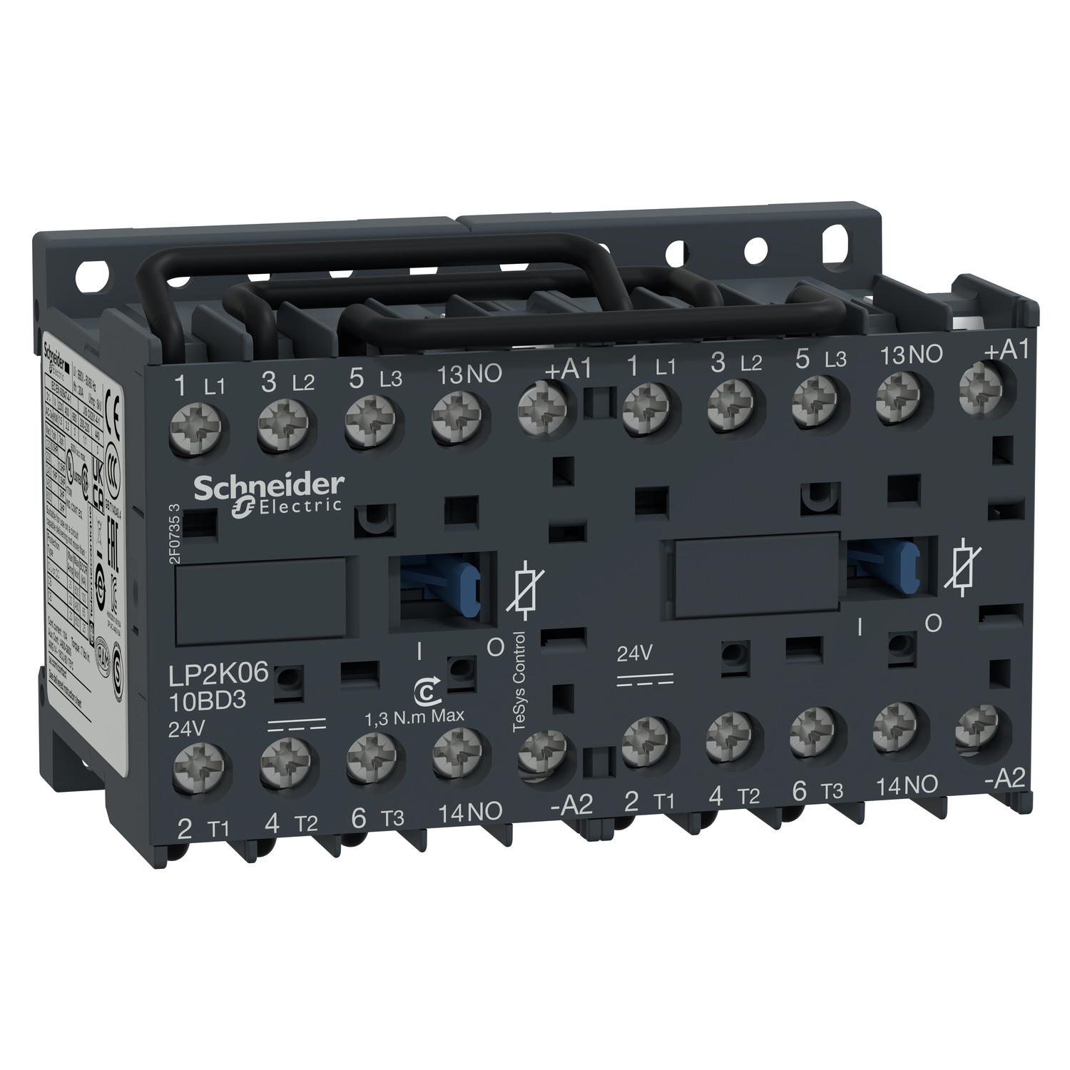Reversing contactor, TeSys K, 3P, AC-3, lt or eq to 440V 6A, 1 NO, 24VDC coil