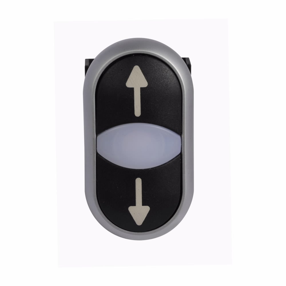 Eaton M22 modular pushbutton, Complete Device, 22.5 mm, Flush, Momentary, Illuminated, Bezel: Silver, Inscription: up arrow, down arrow/ X7, X7, 2NO, IP67, IP69K, NEMA 4X, 13