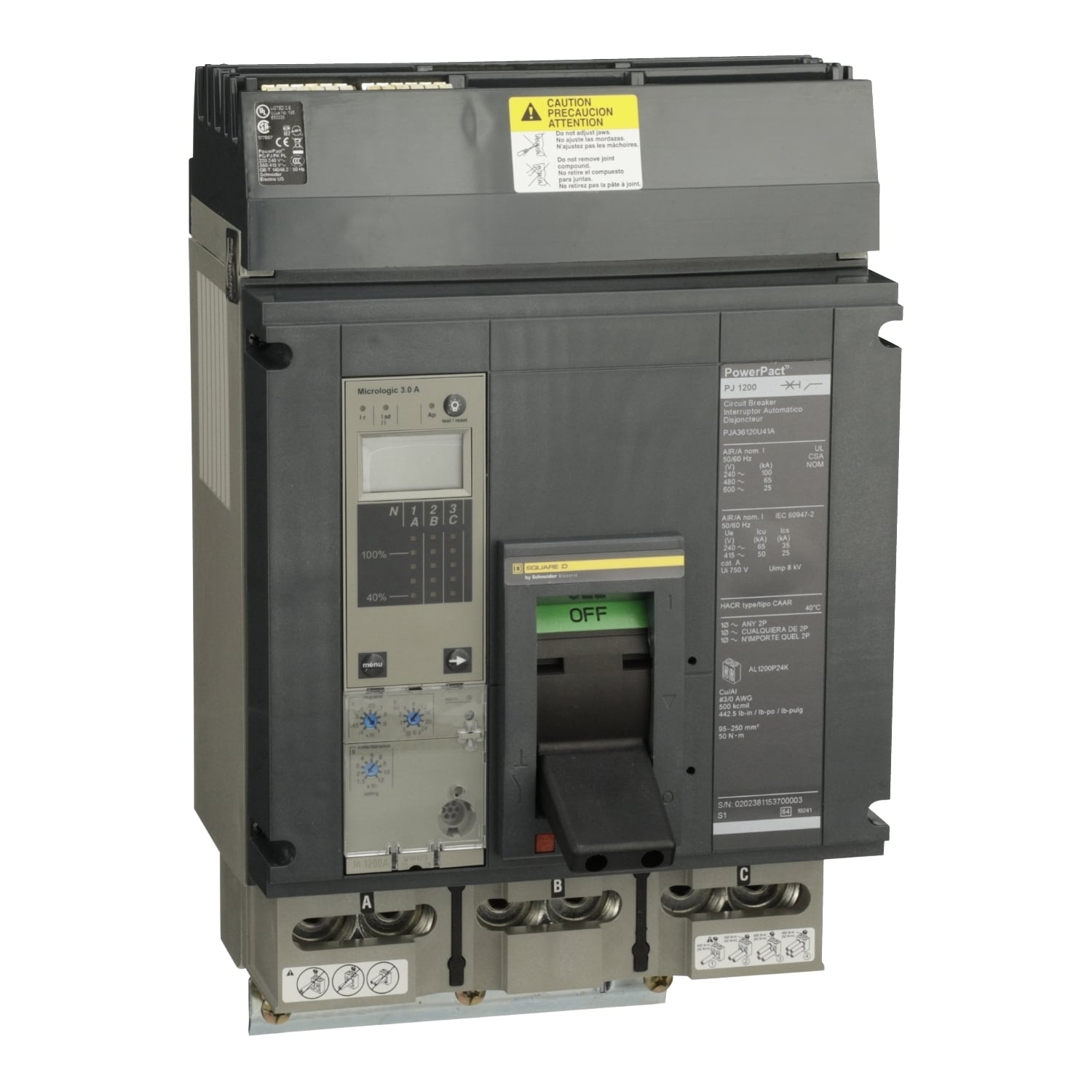 Circuit breaker, PowerPacT P, 1200A, 3 pole, 600VAC, 25kA, I-Line, Micrologic 3.0A, 80%, ABC
