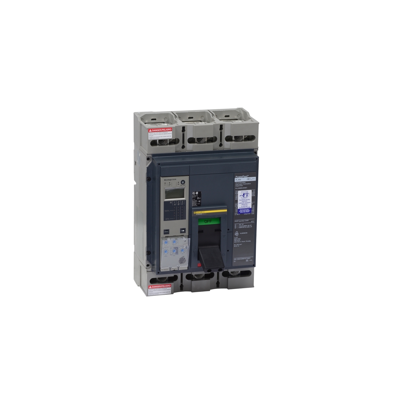 Circuit breaker, PowerPacT P, 800A, 3 pole, 600VAC, 25kA, lugs, Micrologic 5.0A, 100%