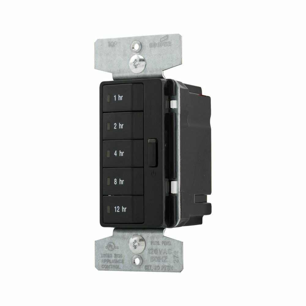 Eaton Accell hour timer, 1, 2, 4, 8, 12 hour default time settings, 15A, 120V, Wire leads, Five button, Black, Load type: Incandescent, halogen, MLV, ELV, fluorescent, CFL, LED, Single-pole, Polycarbonate, 1800W