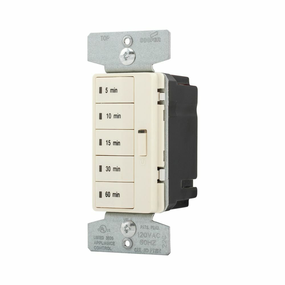Eaton Accell minute timer, 5, 10, 15, 30, and 60 minute default time settings, 15A, 120V, Wire leads, Five button, Almond, Load type: Incandescent, halogen, MLV, ELV, fluorescent, CFL, LED, Single-pole, Polycarbonate, 1800W