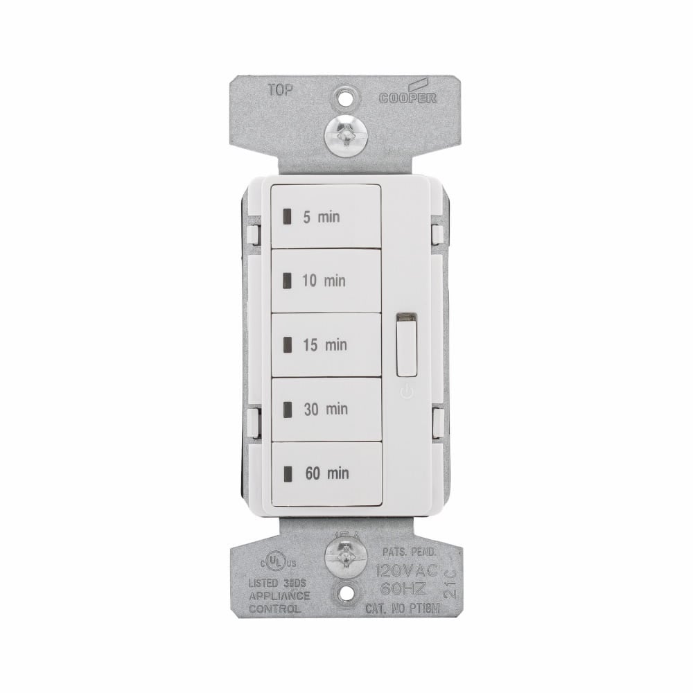 Eaton Accell minute timer, 5, 10, 15, 30, and 60 minute default settings, 15A, 120V, Wire leads, Five button, Light almond, white, ivory, Load type: Incandescent, halogen, MLV, ELV, fluorescent, CFL, LED, Single-pole, Polycarbonate, 1800W